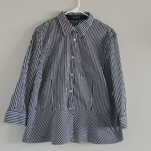 Ralph Lauren Cotton Striped Peplum Pleated Button-Up Shirt 3/4 Sleeve Sz 16W